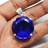 925 Sterling Silver Pendant Round Blue Topaz 95.05 Ct Lab Created Gemstone