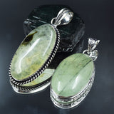 925 Sterling Silver Pendant Pear-Oval 141.05 Ct Pair CERTIFIED Green Prehnite