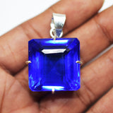 92.4 Ct Natural Blue Topaz Pendant 925 Sterling Silver square Gemstone CERTIFIED