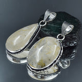 925 Silver Pendant Healing Stone 93.60 Ct Pair Oval-Pear Golden Rutile Gemstone