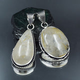 925 Silver Pendant Healing Stone 93.60 Ct Pair Oval-Pear Golden Rutile Gemstone