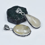 925 Silver Pendant Healing Stone 93.60 Ct Pair Oval-Pear Golden Rutile Gemstone