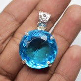 925 Sterling Silver Natural Blue Topaz Pendant Round 60.80 Ct Gemstone CERTIFIED