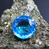 925 Sterling Silver Natural Blue Topaz Pendant Round 60.80 Ct Gemstone CERTIFIED