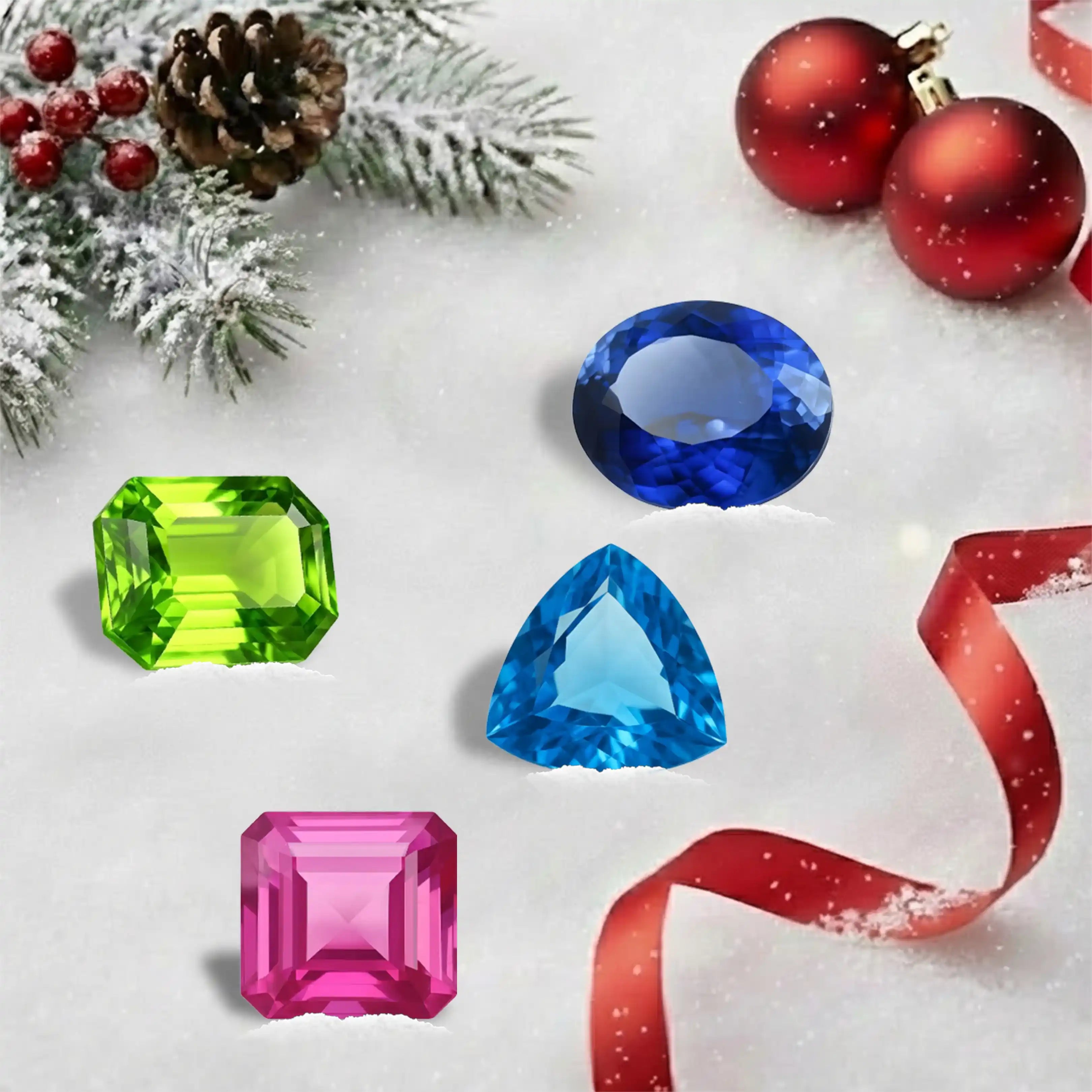 Colorful gemstones on a snowy surface with Christmas decorations.