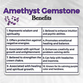 List of amethyst gemstone benefits on a white background with purple text and gemstones.