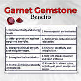 Garnet gemstone benefits chart with red gemstones on a white background