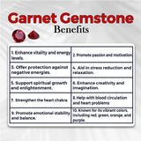 Garnet gemstone benefits chart with red gemstones on a white background