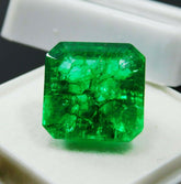 Certified natural Colombian emerald of 7 carats placed in a white display box, highlighting its vivid green color and excellent emerald cut.