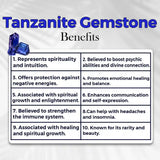 List of Tanzanite gemstone benefits with a graphic of Tanzanite crystals.