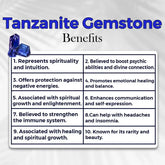 List of Tanzanite gemstone benefits with a blue gemstone icon on a white background.