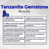 List of Tanzanite gemstone benefits with a blue gemstone icon on a white background.