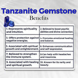 List of Tanzanite gemstone benefits with a blue gemstone icon on a white background