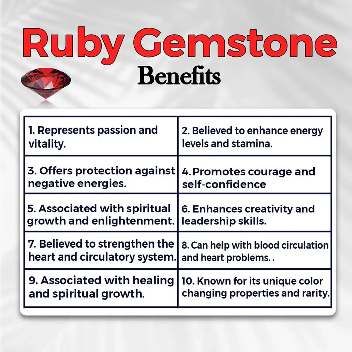 List of Ruby gemstone benefits with a red ruby icon on a white background