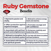 List of Ruby gemstone benefits with a red ruby icon on a white background
