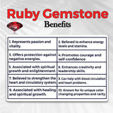 List of Ruby gemstone benefits with a red ruby icon on a white background