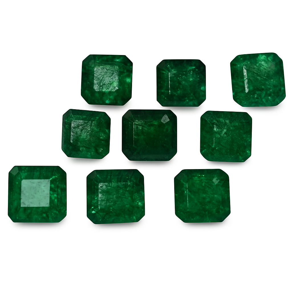 Green gemstones arranged in a grid on a white background