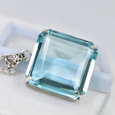 925 Sterling Silver 128 Ct Natural Blue TOPAZ Certified Square Cut Gems Pendant