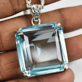 925 Sterling Silver 128 Ct Natural Blue TOPAZ Certified Square Cut Gems Pendant