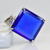 Lab Created Blue Sapphire 99Ct Square 925 Sterling Silver Certified Gems Pendant