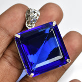 Lab Created Blue Sapphire 99Ct Square 925 Sterling Silver Certified Gems Pendant