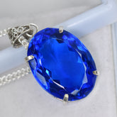 Lab Grown 93.4 Ct Blue Sapphire 925 Sterling Silver Pendant Unique Oval Gemstone
