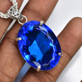 Lab Grown 93.4 Ct Blue Sapphire 925 Sterling Silver Pendant Unique Oval Gemstone