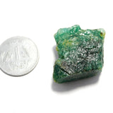 Unpolished opaque deep green gem rough crystal photographed under soft studio light on clean background.