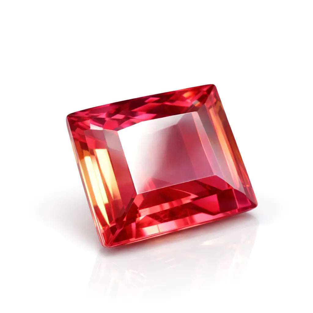 Square-cut red gemstone on a white background