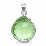 Green teardrop pendant with silver frame on a white background
