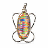 Multicolored pendant with silver frame on a white background