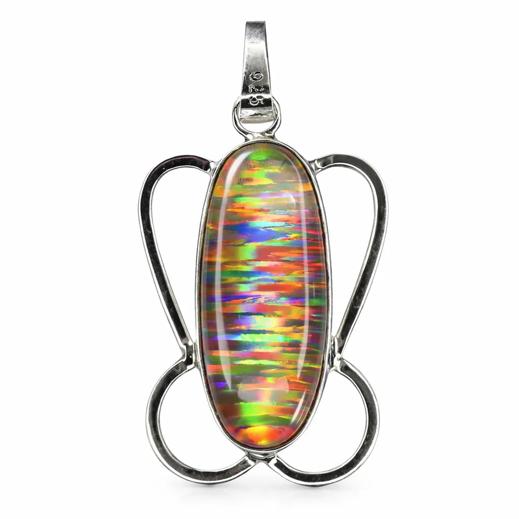 Multicolored opal pendant in a silver setting on a white background