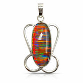 Multicolored opal pendant in a silver setting on a white background
