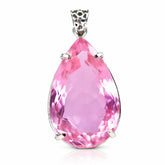 Pink teardrop-shaped gemstone pendant on a white background