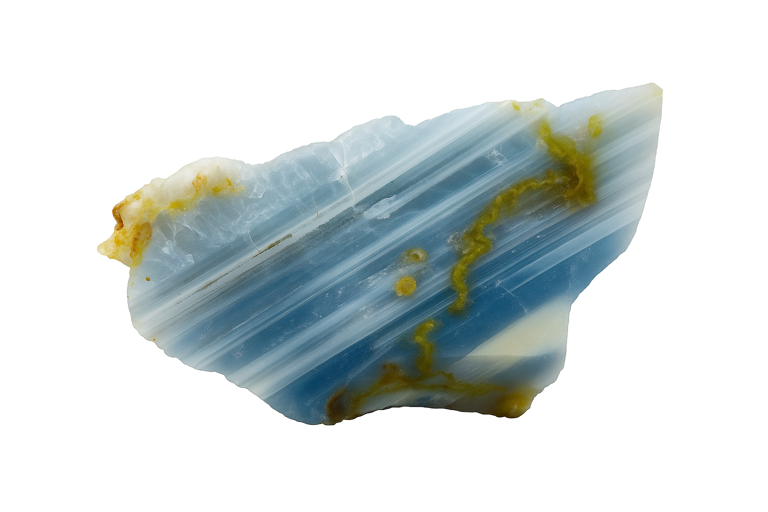 Mineral specimen with blue and yellow streaks on a white background