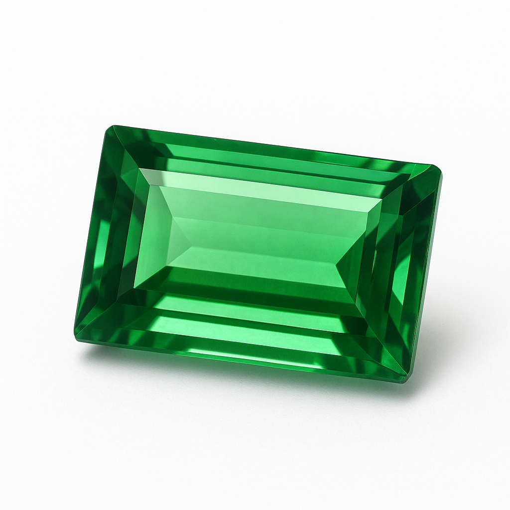 Emerald-cut green tsavorite garnet gemstone displayed on a white background.