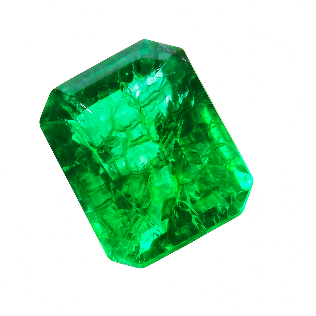 Faceted green gemstone on a white background