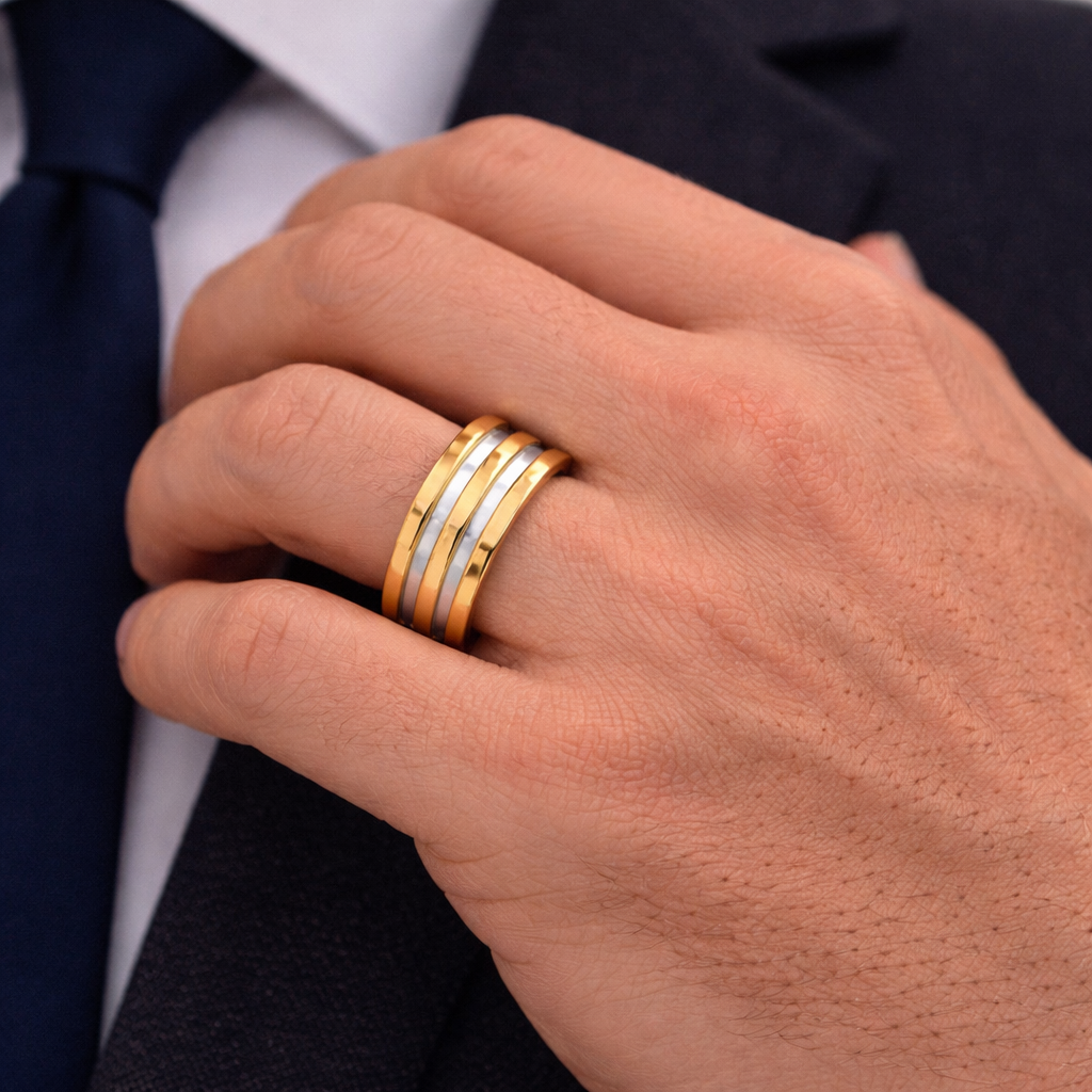 18K GOLD WITH SILVER INLAY, DUAL TONE MEN’S WEDDING RING