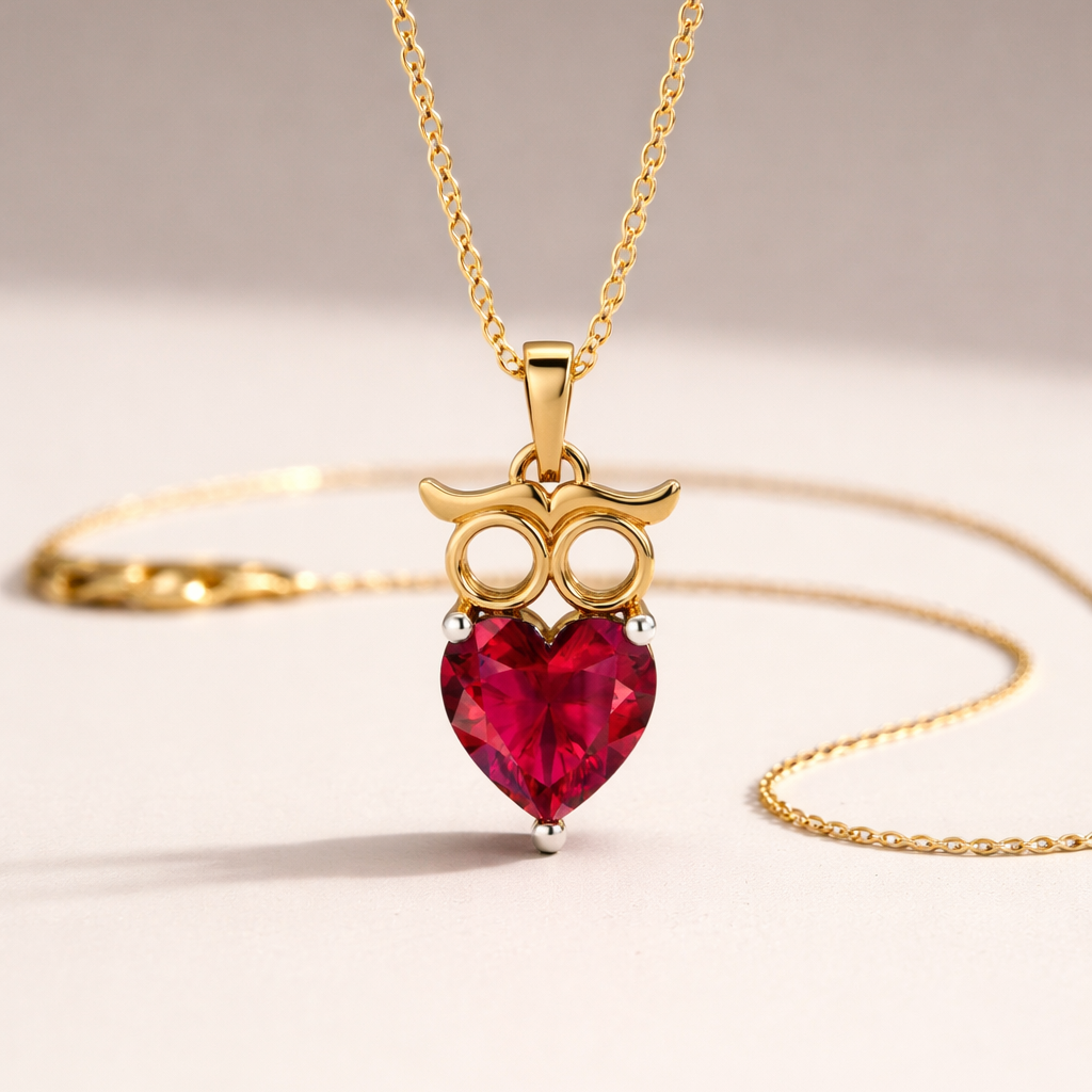 Eternal Love Owl Pendant with Heart-Shaped Red Gemstone in 18K Gold