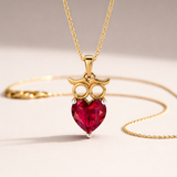 Eternal Love Owl Pendant with Heart-Shaped Red Gemstone in 18K Gold