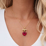 Eternal Love Owl Pendant with Heart-Shaped Red Gemstone in 18K Gold