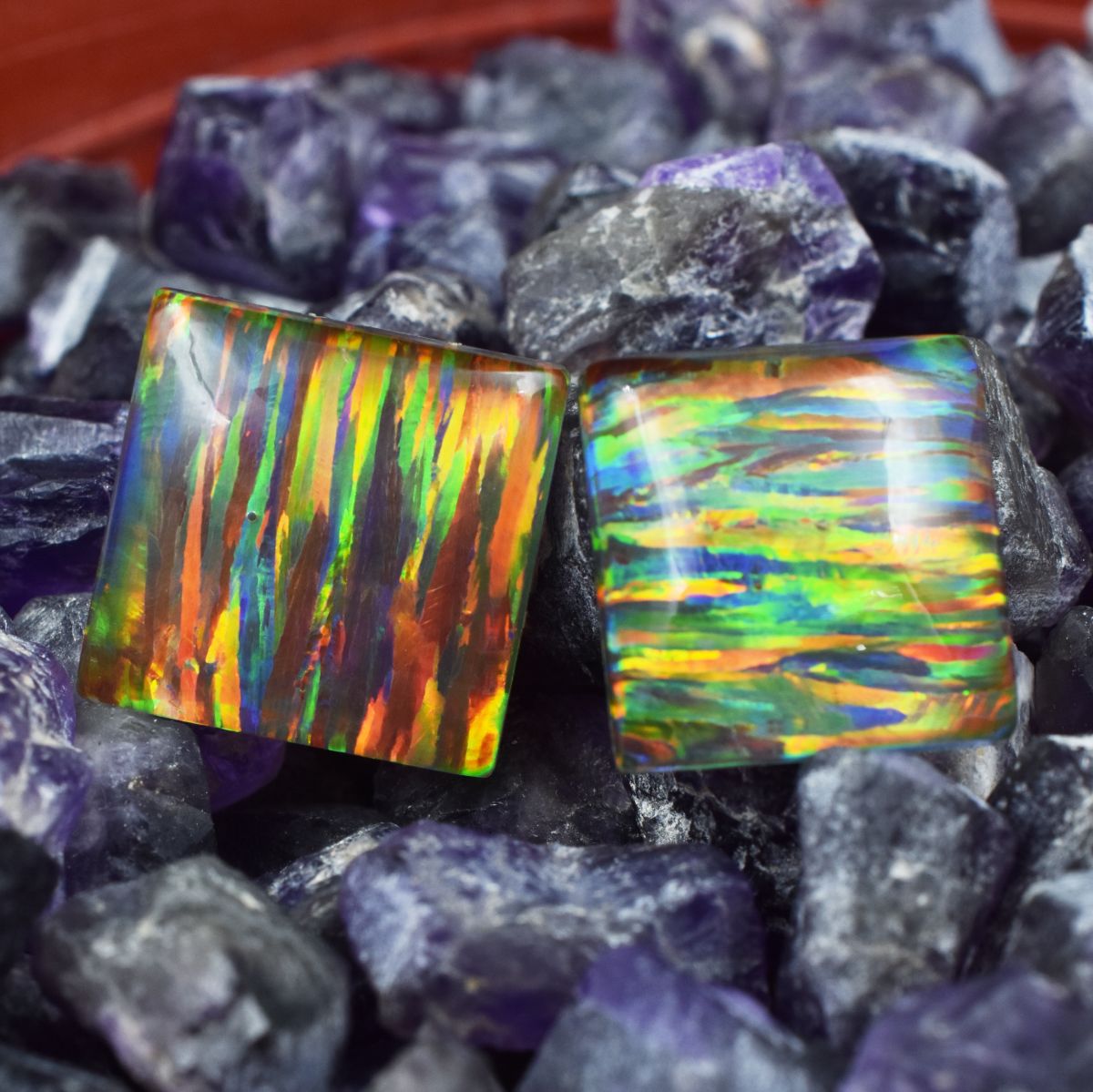 CERTIFIED 24.65 Ct Natural Multi-Color Opal Loose Gemstone SQUARE Cut Pair