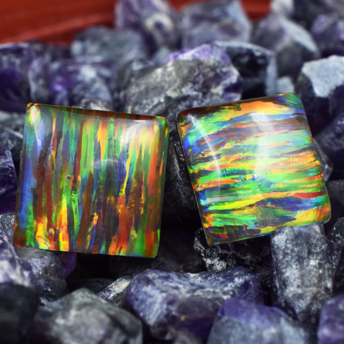 CERTIFIED 24.65 Ct Natural Multi-Color Opal Loose Gemstone SQUARE Cut Pair