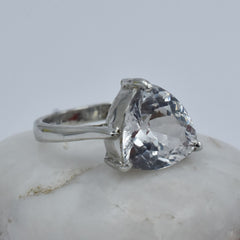 18.05 Ct White Sapphire Gemstone Trillion Cut Silver Ring Sz-7.5 Sterling Silver