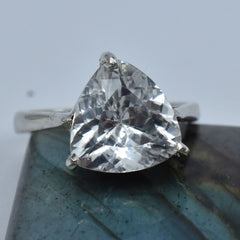 18.05 Ct White Sapphire Gemstone Trillion Cut Silver Ring Sz-7.5 Sterling Silver