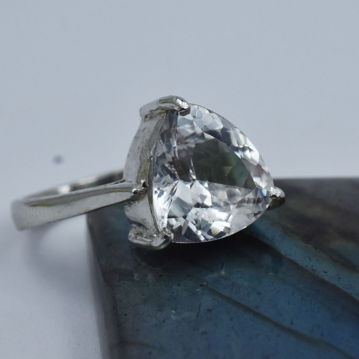 18.05 Ct White Sapphire Gemstone Trillion Cut Silver Ring Sz-7.5 Sterling Silver