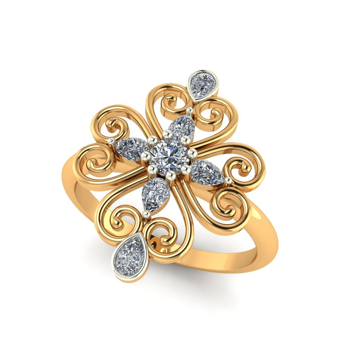 Floral Filigree Diamond Ring with Marquise Accents-18k Gold