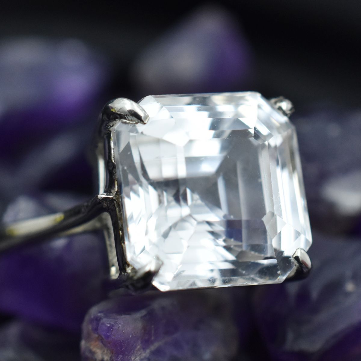 925 Sterling Silver Sapphire 34 Ct Square Cut Beautiful Ring Sz 10½ White Color