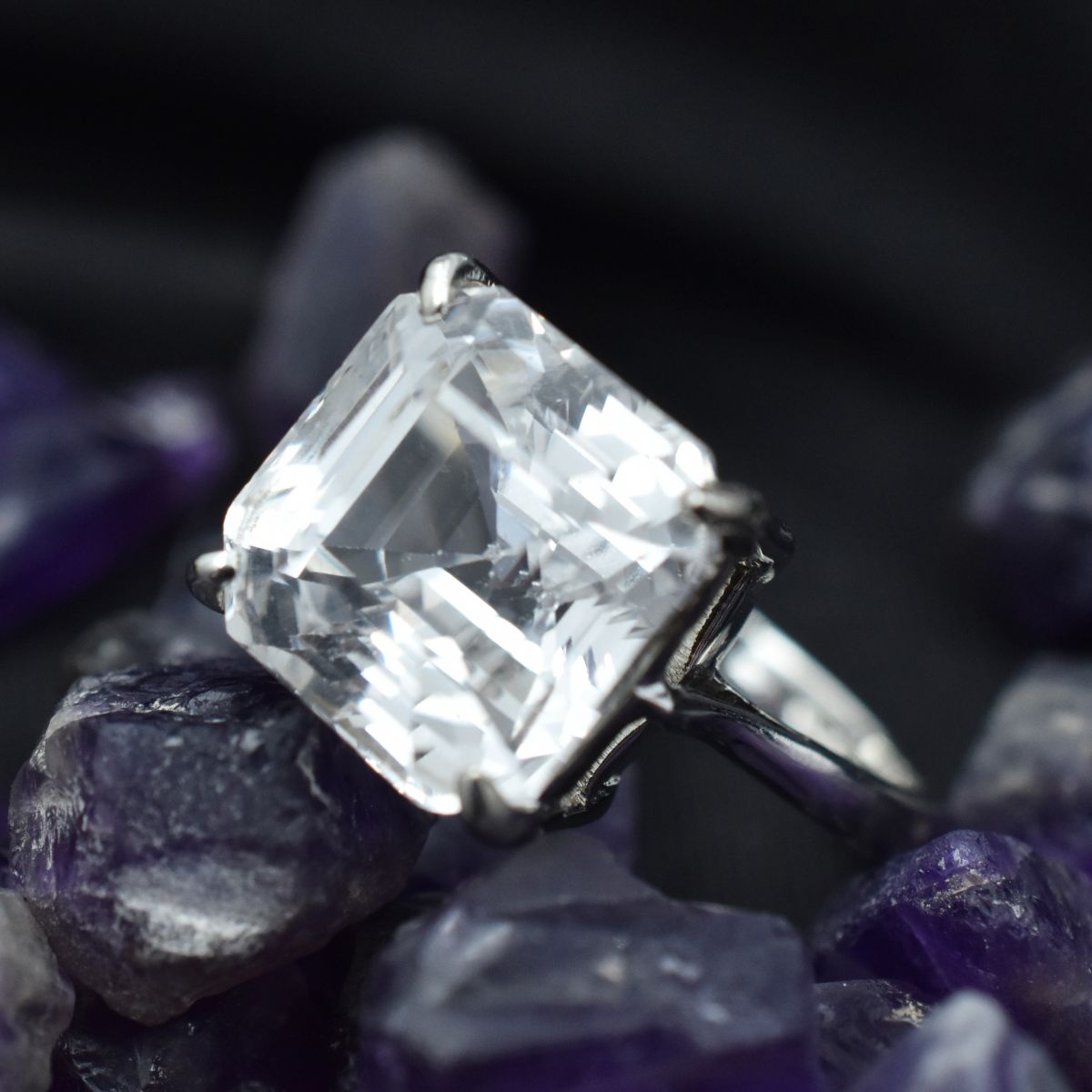 925 Sterling Silver Sapphire 34 Ct Square Cut Beautiful Ring Sz 10½ White Color