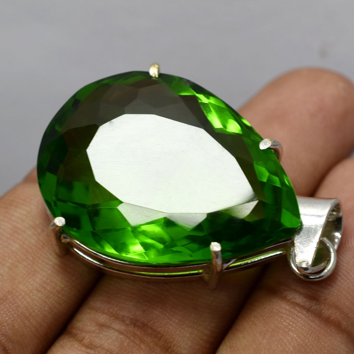 Green Peridot 78 Carat Natural CERTIFIED 925 Sterling Silver Pendant Pear Cut
